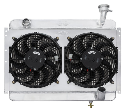 Radiator and Fan, Cold Case Radiators, 24.3 in W x 19 in H x 6.75 in D, Dual Fans, Driver Side Inlet, Passenger Side Outlet, Aluminum, Polished, compatible with Chevy Corvette 1956-60, Kit