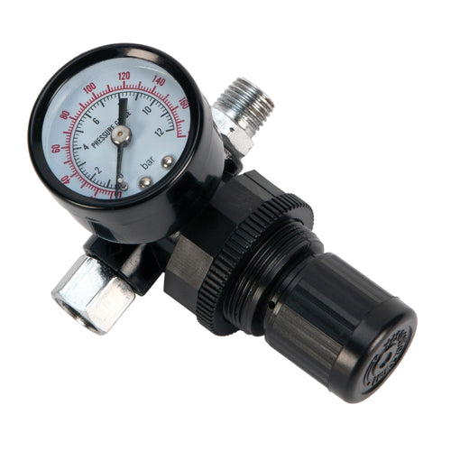 M688 Performance Tool Inline Locking Pressure Regulator with Gauge for Conventional and HVLP Spray Guns - 1/4 NPT, 0-180 PSI
