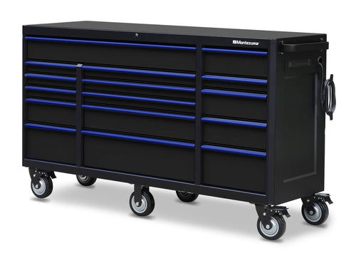 Montezuma Tool Box - 72" x 20" 16 Drawer Tool Cabinet Rolling with Multiple Power Outlets & Black Powder Coat Finish - M722016TC