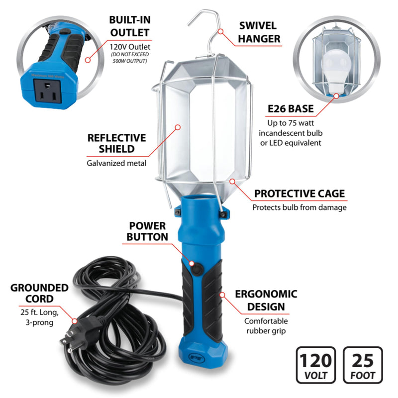 25' Performance Tool W2243 18GA, 120V LED or Incandescent Drop Light, Steel Cage Shield with Extra Built in 120V Outlet