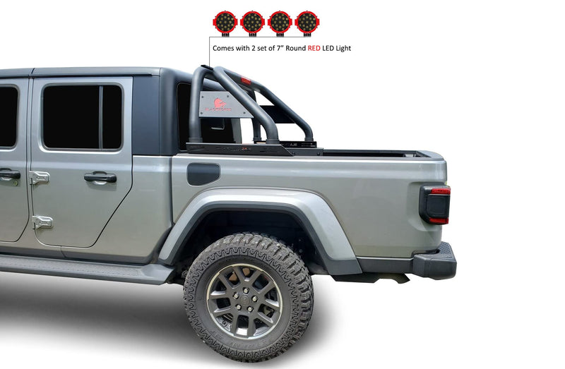 Classic Black Horse Roll Bar Incl. Pair of 7.0" Dia. LED Lights w/Red Trim Rings Compatible with 2020-2024 Jeep Gladiator-RB09BK-PLR