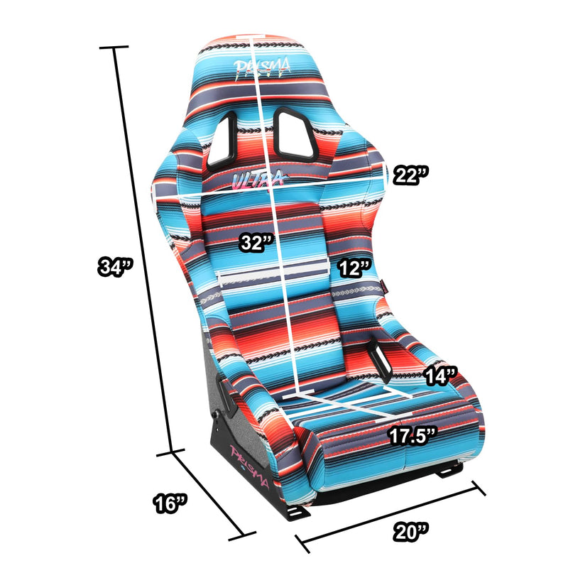 NRG Innovations Fixed Back Bucket Racing Seat Prisma with Bottom Mount Bracket, 22" W X 34" H X 16" D, Red White Blue Black Pink Serape Print, FRP-303-BAJACALI