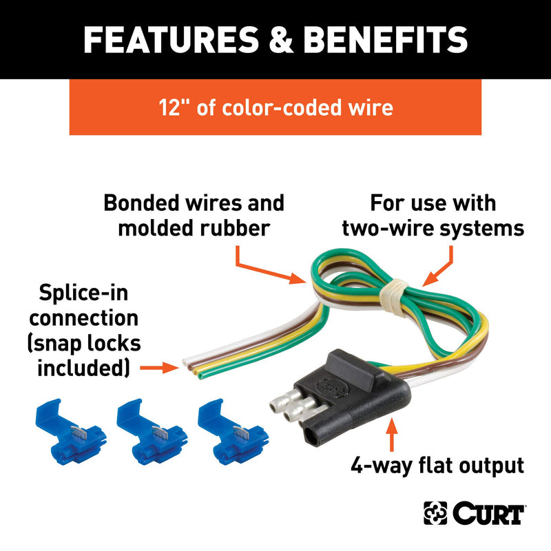 4-Pin Flat CURT 58033 Wiring Harness with 12-Inch Trailer-Side Wires