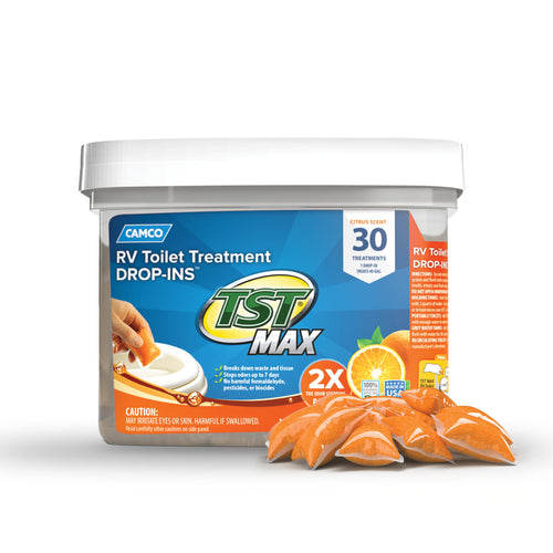 Camco TST MAX Toilet Treatment Camper/RV Drop-INs - Control Unwanted Odors & Break Down Waste and Tissue - Safe Septic Tank Treatment - Orange Scent, 30-Pack (41182)