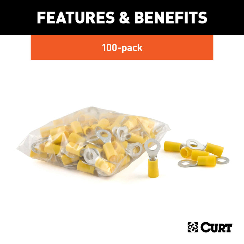 CURT 12-10 Gauge Yellow Vinyl-Insulated Ring Terminal Wire Connectors, 1/4-Inch Stud, 100-Pack