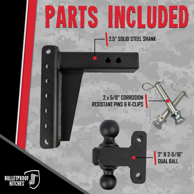 2.5" Adjustable BulletProof Hitches Heavy Duty Trailer Hitch (22,000 lb. Rating) - 8" Drop/Rise Trailer Hitch with 2" & 2-5/16" Dual Ball - Powder Coat, Solid Steel, Corrosion-Resistant