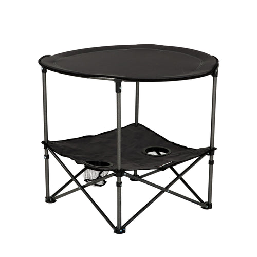 Dark Grey Lippert Two-Tier Folding Camping Table with Dual Cupholders, 600D Polyester Fabric, Powder-Coated Steel Frame, Foldable Design, Lightweight Construction, Zippered Carry Bag - 2023053720
