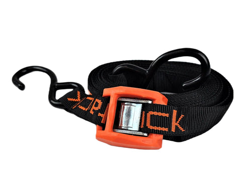 15' YakAttack J-Hook Cam Strap | Heavy Duty Polyester Kayak Tie Down with Rubber-Coated Hooks & Protective Buckle Cover | 1” Wide, Single Pack | Black/Orange