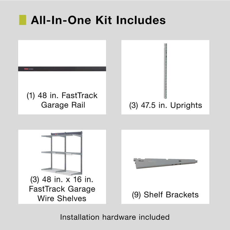 Fasttrack Rubbermaid Rail Storage 48"x16" 3-Shelf Kit, 350 lbs. Per Shelf, for Home/Garage/Shed/Workshop Organization