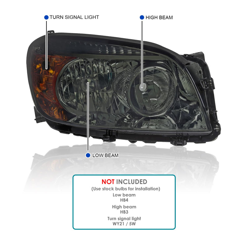 Smoke Spec-D Tuning Headlights Compatible with 2006-2008 Toyota RAV4, Left + Right Pair Headlamps Assembly