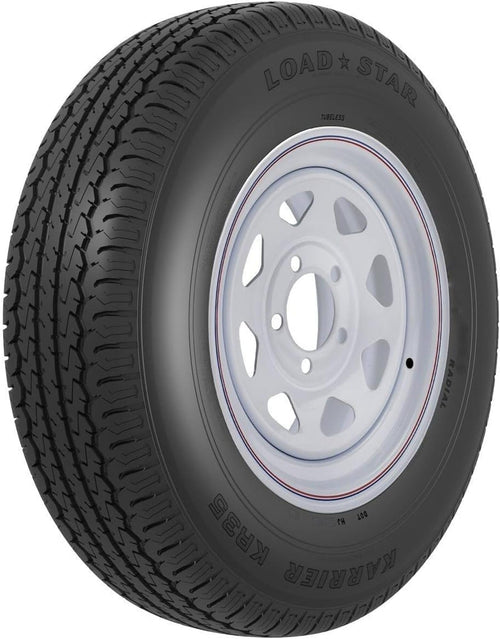 31368 AMERICANA ST225/75R15 E/6H SPK WH STR KR, 15 Inch Diameter x 6 Inch Width; 6 x 139.7 Millimeter/ 6 x 5.50 Inch Bolt Pattern; 8 Spoke; 2 Piece Welded Steel Construction; White With Stripes; ST225 x 75R15; 1 Year Worry-Free Warranty; Tr