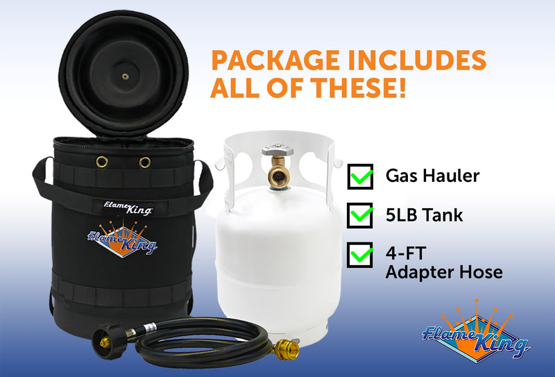 Gas Hauler Kit Flame King - Insulated Protective Carry Case, 5LB Propane Tank and Adapter Hose for Camping and Outdoor Adventures, Black/White