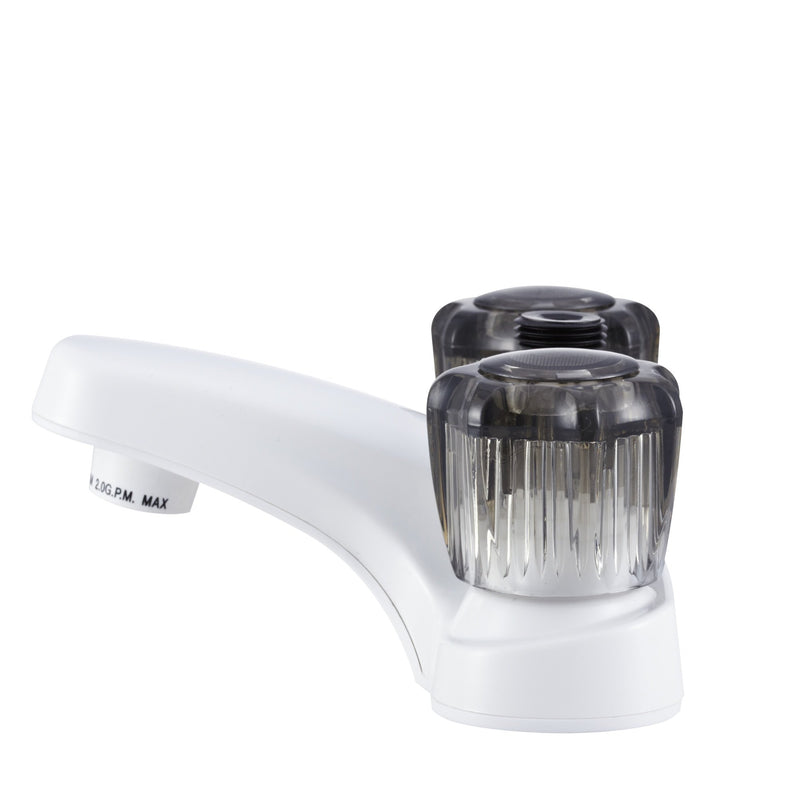 Dura Faucet RV Bathroom Faucet DF-PL720S-WT with Smoked Acrylic Knobs and Shower Hose Diverter (White)