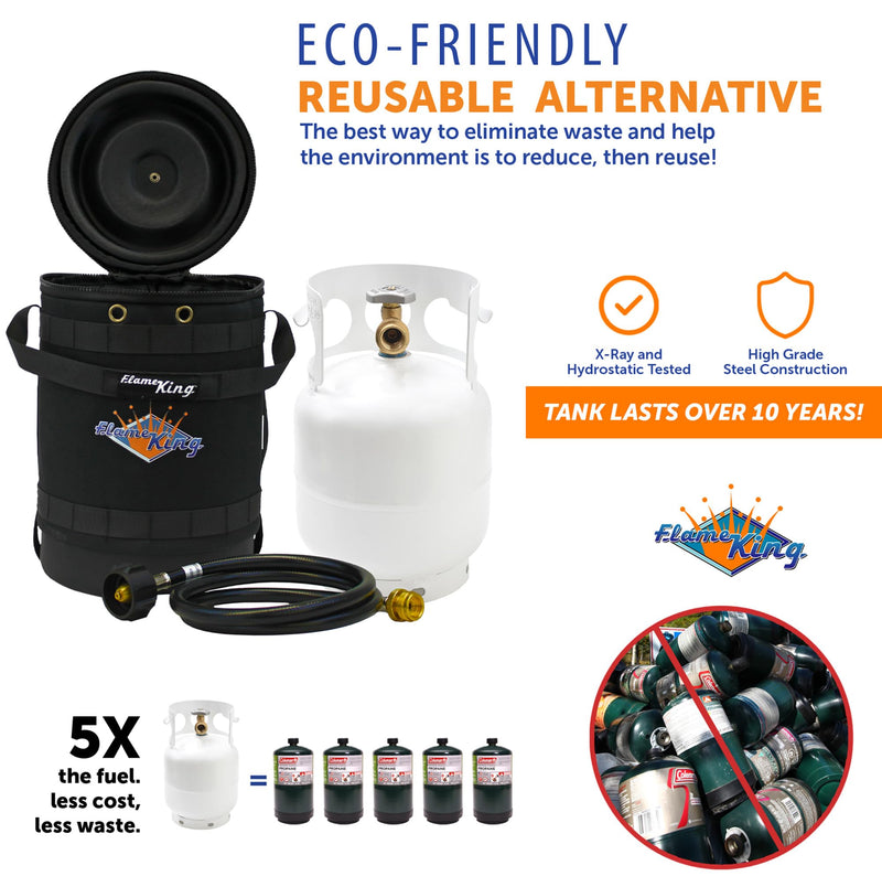 Gas Hauler Kit Flame King - Insulated Protective Carry Case, 5LB Propane Tank and Adapter Hose for Camping and Outdoor Adventures, Black/White