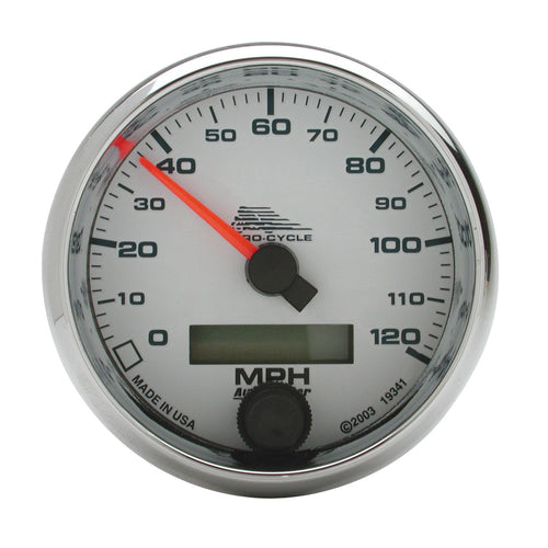 Speedo AutoMeter Gauge, 2 5/8", 120 Mph, Elec, White, Pro-Cycle (19341)