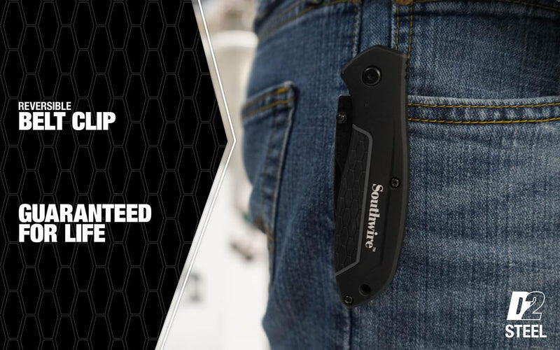 DPKD2 Southwire Tools & Equipment EDGEFORCE Pocket Knife, 3.26" blade, D2 Steel, Stonewash Black Oxide Finish For Corrosion Resistance- Smooth Blade For Everyday Use
