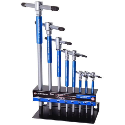8 Pc Powerbuilt Metric T-Handle Hex Allen Key Wrench Set with Storage Rack, 941645, Silver