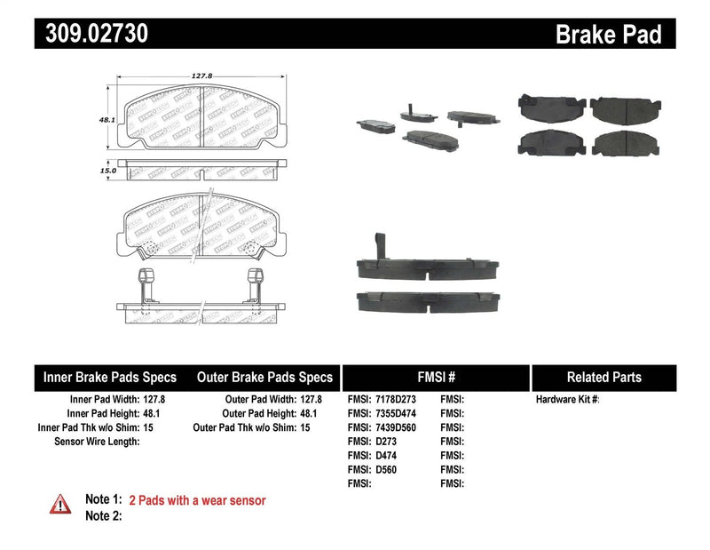 Black StopTech 309.02730 Sport Brake Pads with Shims and Hardware