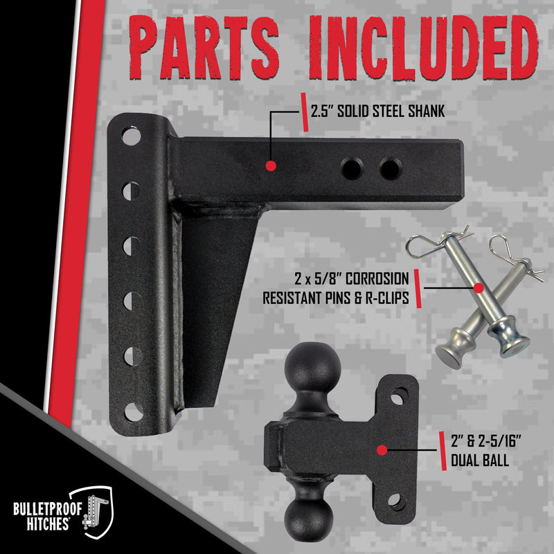 2.5" BulletProof Hitches Adjustable Extreme Duty Trailer Hitch (36,000lb. Rating) - 6" Drop/Rise with 2" and 2 5/16" Dual Ball - Powder Coat, Solid Steel, Corrosion-Resistant