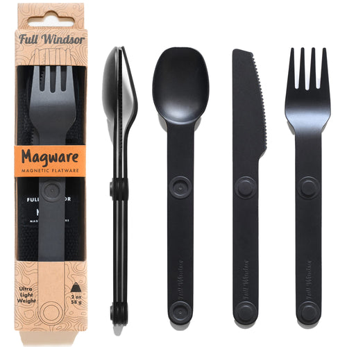 MAGWARE - FULL WINDSOR Magnetic Camping Cutlery Set - Travel Utensils for Camping, Cooking, and Outdoor Dining - Knife, Fork & Spoon - Portable Silverware with Pouch for Backpacking - Black (3 PCS)