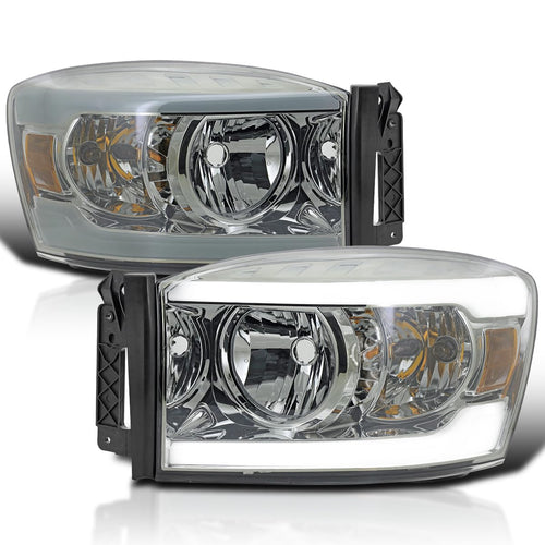 Light Smoke Spec-D Tuning Headlights with Amber Reflector and LED Strip Compatible with 2006-2008 Dodge Ram 1500 2500 3500