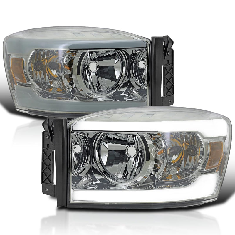 Light Smoke Spec-D Tuning Headlights with Amber Reflector and LED Strip Compatible with 2006-2008 Dodge Ram 1500 2500 3500