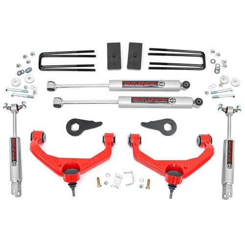 3.5" Lift Kit Rough Country w/N3 Shocks for Chevy Silverado & GMC Sierra 2500HD/3500HD (2011-2019 with Factory Rear Overload Springs) - Red Control Arms