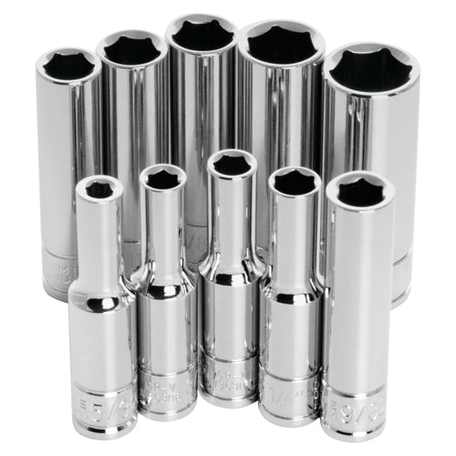 10 pc. Performance Tool W36300 1/4 in. Drive 6pt SAE Deep Wall Socket Set