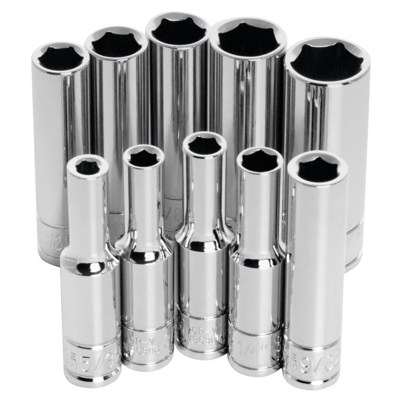 10 pc. Performance Tool W36300 1/4 in. Drive 6pt SAE Deep Wall Socket Set