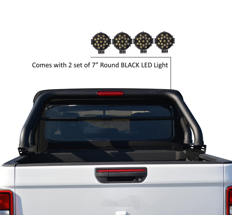 CLASSIC Black Horse Roll Bar incl. pair of 7.0"Dia. LED Lights w/Black Trim Rings Black Compatible with 2020-2024 Jeep Gladiator-RB09BK-PLB