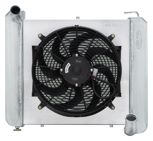 Radiator and Fan, Cold Case Radiators, 22.5 in W x 22.75 in H x 6.75 in D, Driver Side Inlet, Passenger Side Outlet, Aluminum, Polished, compatible with Chevy Corvette 1961-62, Kit