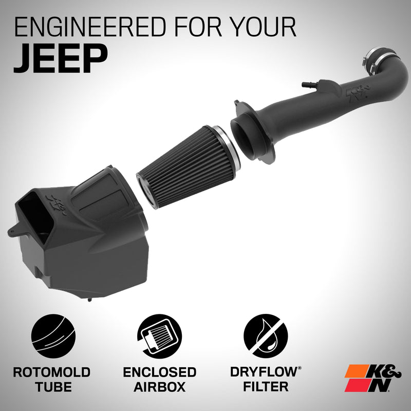 Cold Air Intake System K&N: Dry-Flow Air Filter, Increase Performance & Towing: Compatible with 2018-2025 JEEP, Gladiator, Wrangler, Wrangler JL, 30-1576