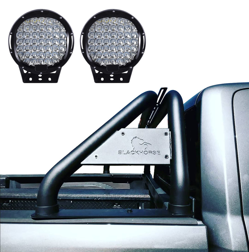 Black Classic Horse Roll Bar Incl.Set of 9 Black Round LED Light Compatible with 1999-2024 Ford F-250 Super Duty|1999-2024 Ford F-350 Super Duty|1999-2024 Ford F-450 Super Duty-RB015BK-PL69B