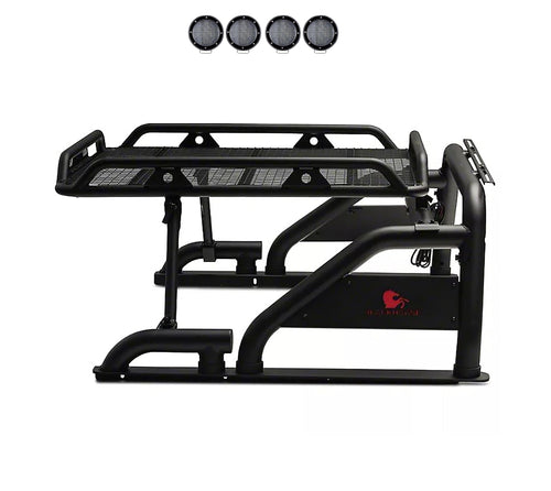Warrior Black Horse Roll Bar Incl. Set of 5.3" Dia.LED Lights Compatible with 1/2 TON Trucks (GM Silverado 14+/Ford F150 15+/Dodge RAM 15+) with Full Size Cargo Basket(with RED Brake Light)