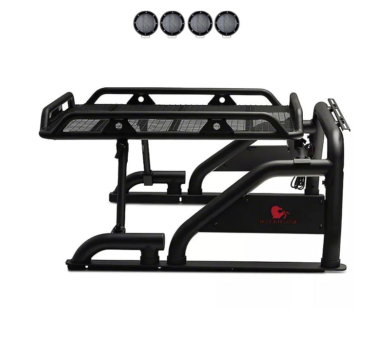Warrior Black Horse Roll Bar Incl. Set of 5.3" Dia.LED Lights Compatible with 1/2 TON Trucks (GM Silverado 14+/Ford F150 15+/Dodge RAM 15+) with Full Size Cargo Basket(with RED Brake Light)