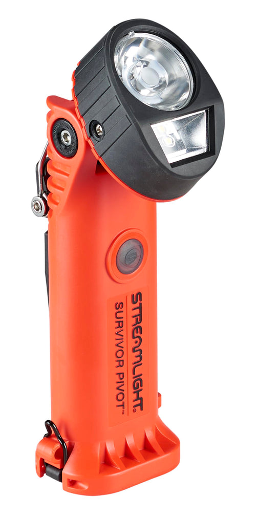 Streamlight Survivor 91802 Pivot 325-Lumen Right Angle Articulating Dual Beam Rechargeable Flashlight with 120V/100V AC/12V DC and Clip, Orange