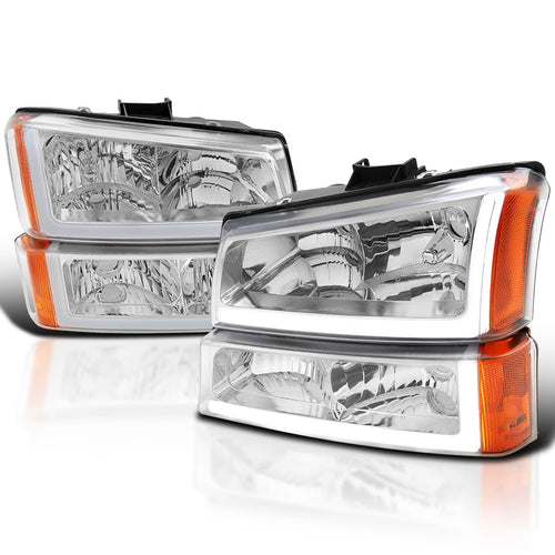 Chrome LED Bar Headlights Spec-D Tuning Compatible with 2003-2007 Chevy Silverado, Left + Right Pair Headlamps Assembly