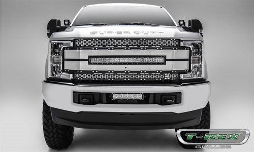 T-Rex Grilles Torch AL Grille 2017-2019 Super Duty, Brushed Mesh and Trim, 1 Pc, Replacement, Chrome Studs with (1) 30" LED, Fits Vehicles with Camera - PN #6315495