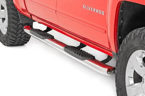 Rough Country Oval Nerf Steps for Chevy Silverado & GMC Sierra 1500/2500HD/3500HD (2007-2019) Crew Cab - OEM Style Rails with Built-in Stainless Steel Side Steps