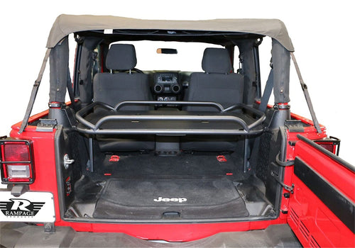 Rear RAMPAGE PRODUCTS Fold-Up Storage Rack for Jeep Wrangler JK | Black Powdercoat, Interior Mount, Fold-Up w-Rear Seat Removed | 86624 | Fits 2007-2018 Jeep Wrangler JK 2-Door