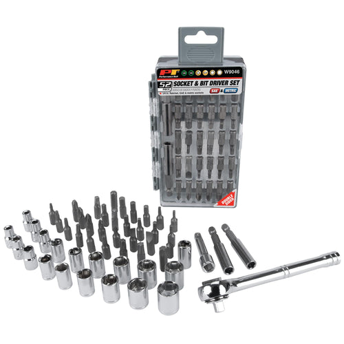 W9046 Performance Tool 52pc Socket and Bit Driver Set with 1/4-Inch Drive Ratchet, SAE and Metric Sockets, and Assorted CR-V Bits in Flip Case