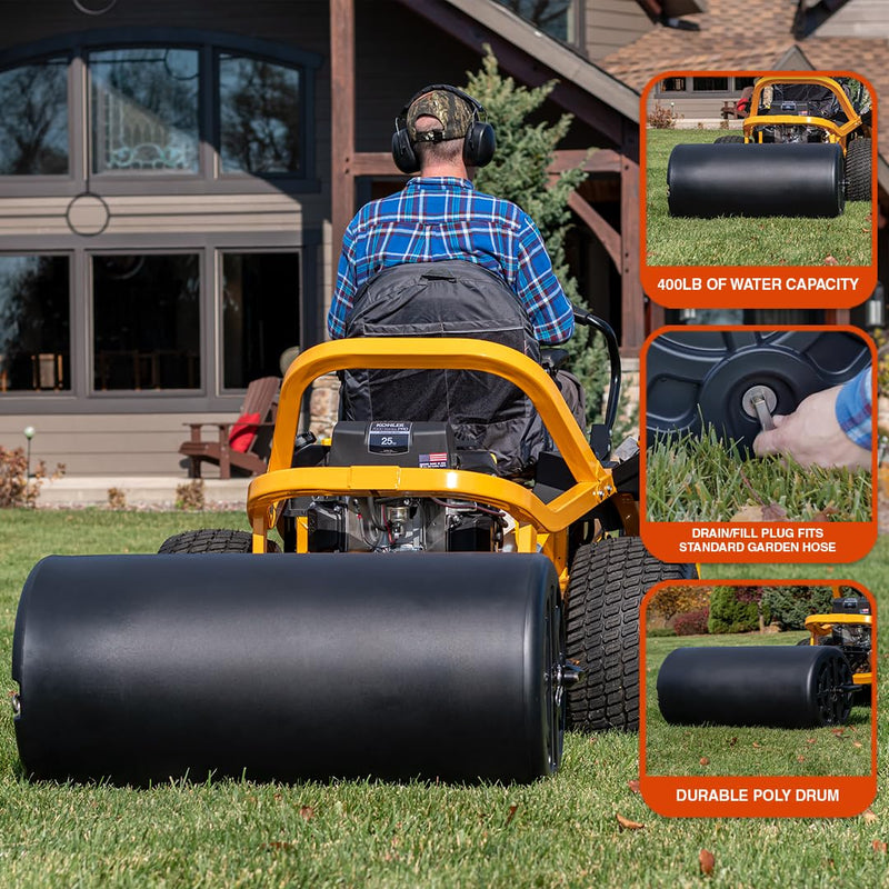18" x 36" Agri-Fab Tow Behind Poly Lawn Roller 400 lbs weight with water, Poly Drum and Steel Frame, with Plug. Designed for Lawn and Garden Tractors