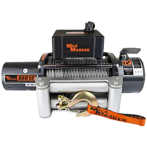 SEC12 Mile Marker 76-50251BW Winch - 12000 lb. Pull Strength - Steel Cable & Roller Fairlead - Built for Tough Terrains - Waterproof - Handheld Remote Controller Included - Withstands Rigorous Use