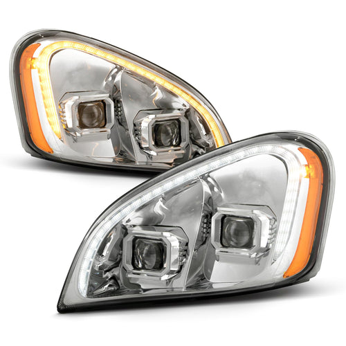 For 2008-17 Freightliner Cascadia AKKON Switchback LED Signal Daytime Running Lamp Strip Projector Headlights Chrome Housing Clear Lens Set