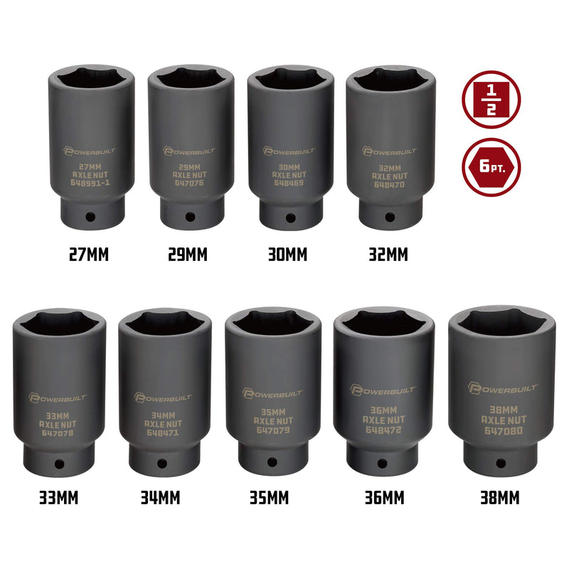 9 Piece Powerbuilt Deluxe Axle Nut Socket Set, Tools for Removing Front Wheel Axle Nuts, Foreign Vehicles - 648991