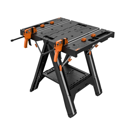 Worx 2-in-1 Pegasus Folding Work Table & Sawhorse, Easy Setup Portable Workbench, 31" W x 25" D x 32" H Lightweight Worktable with Heavy-Duty Load Capacity, WX051 - Includes 2 Clamps & 4 Clamp Dogs