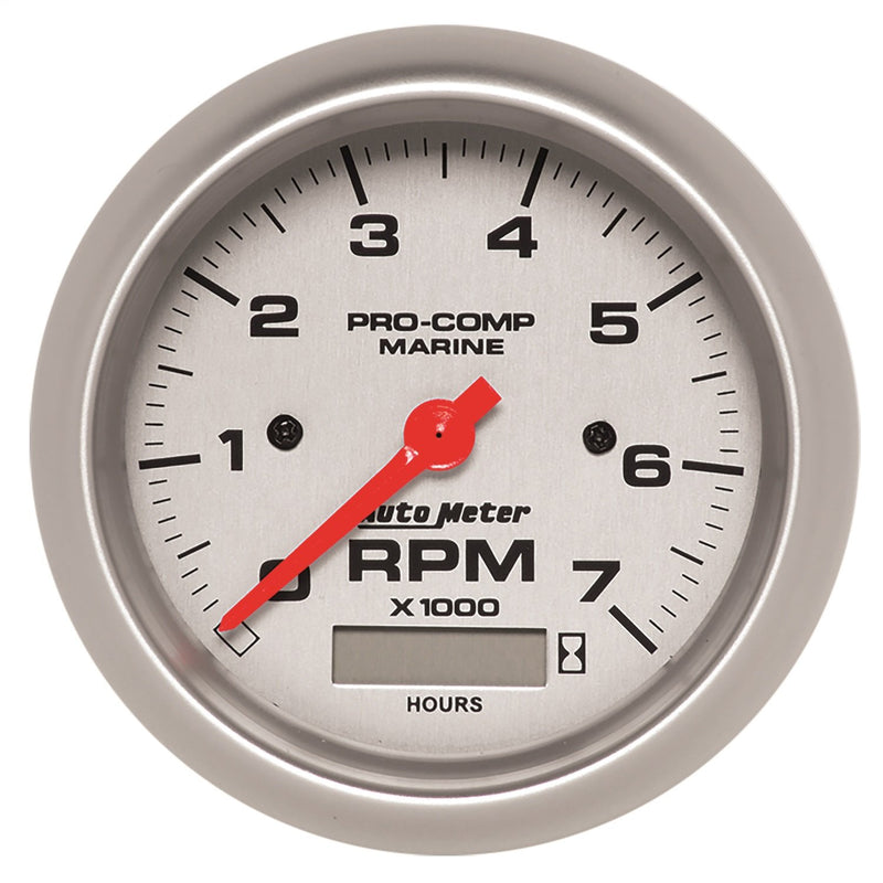 Tachometer AutoMeter Gauge, 3 3/8", 7K RPM, W/Hourmeter, Marine Silver (200890-33),Multi