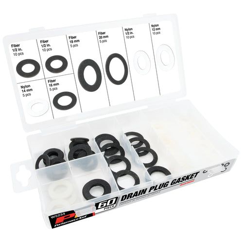 W5234 Performance Tool 60pc General Purpose Oil Drain Plug Gasket Kit - Nylon and Fiber Gaskets Included (1/2in, 12mm, 14mm, 16mm, 18mm, 20mm)