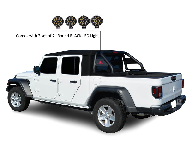 CLASSIC Black Horse Roll Bar incl. pair of 7.0"Dia. LED Lights w/Black Trim Rings Black Compatible with 2020-2024 Jeep Gladiator-RB09BK-PLB