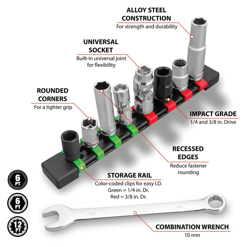 10mm Performance Tool W39001 Socket & Wrench Set - Impact, U-Joint, Deep and Shallow Well, Combination Wrench, Chrome Vanadium Alloy Steel